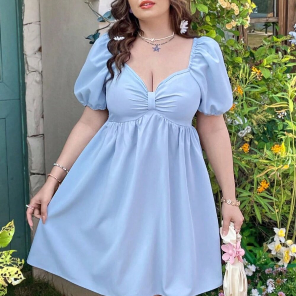 Dreamara Plus Size Women's Sweetheart Neckline Puff Sleeve Dress - Blue (0XL)